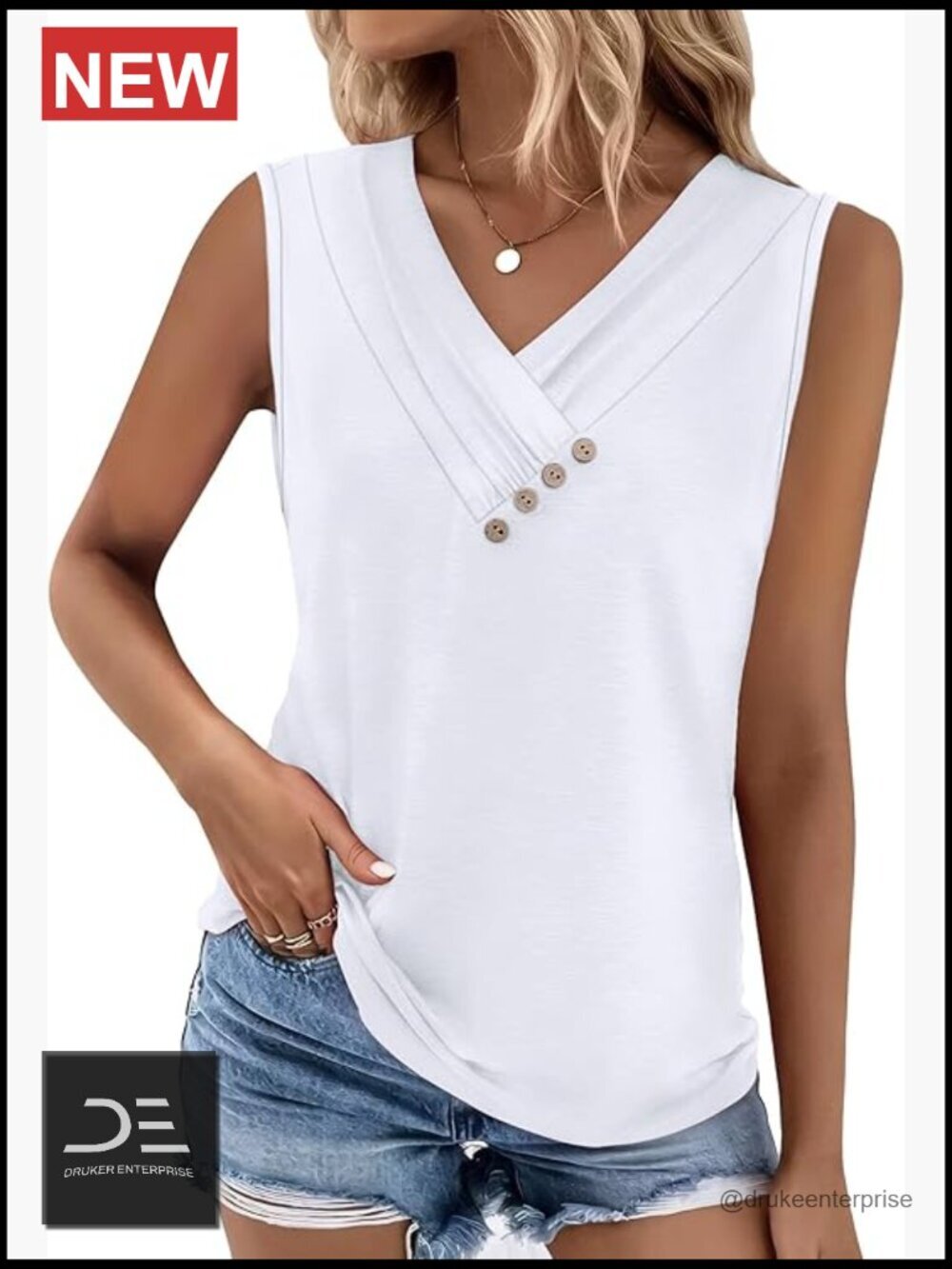 Women's Button Down V-Neck Tank Top Sleeveless Summer T-Shirt
